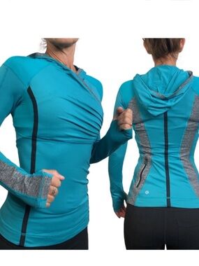 lululemon athletica Teal Hooded Long Sleeve Athletic Top with Gray Panels